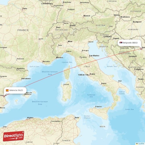 Belgrade - Valencia direct flight map