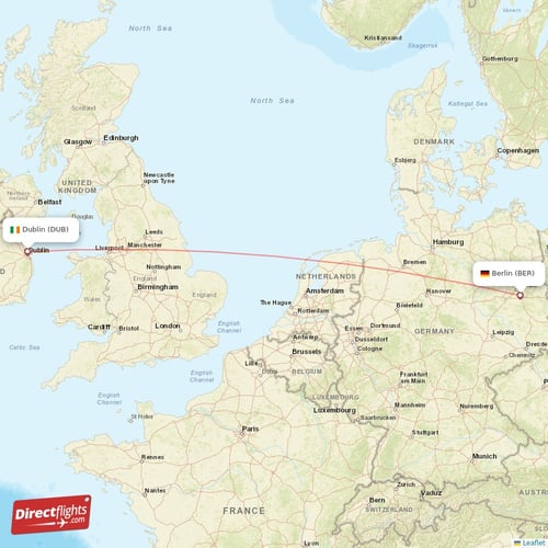 Berlin - Dublin direct flight map