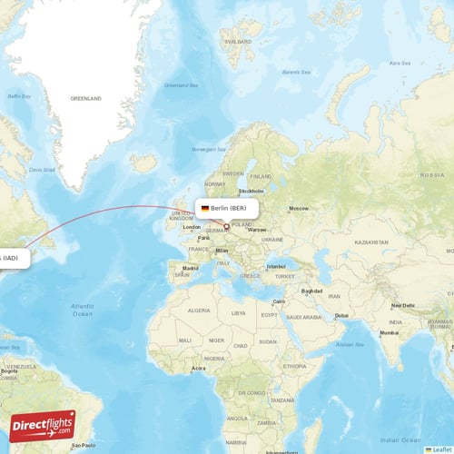 Berlin - Dulles direct flight map