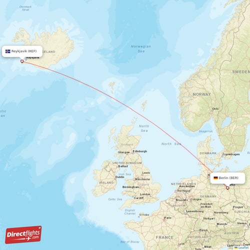 Berlin - Reykjavik direct flight map
