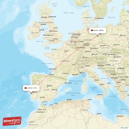 Berlin - Lisbon direct flight map
