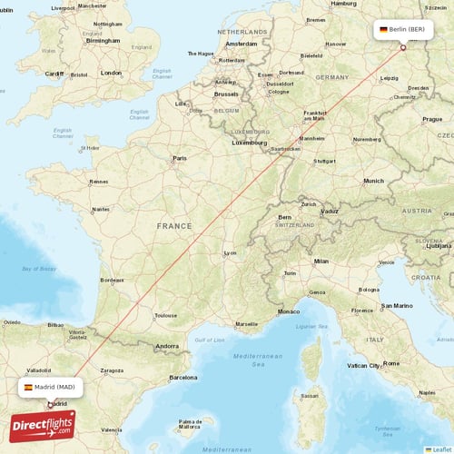 Berlin - Madrid direct flight map