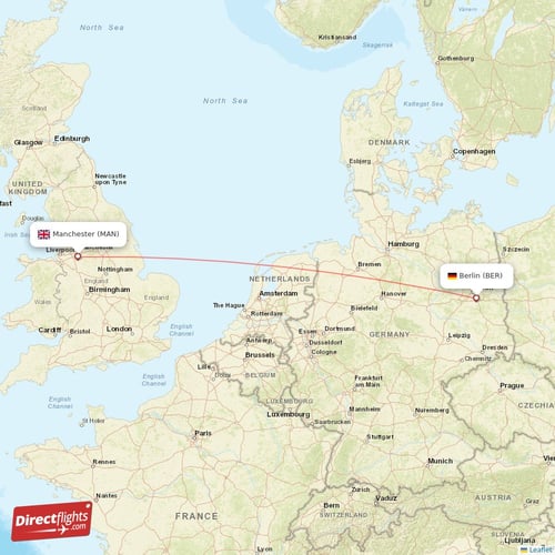 Berlin - Manchester direct flight map