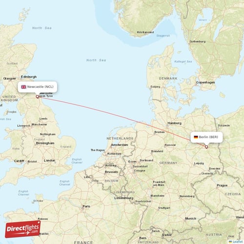 Berlin - Newcastle direct flight map