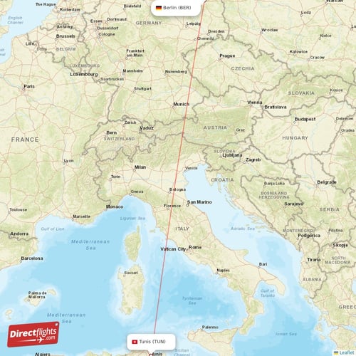 Berlin - Tunis direct flight map