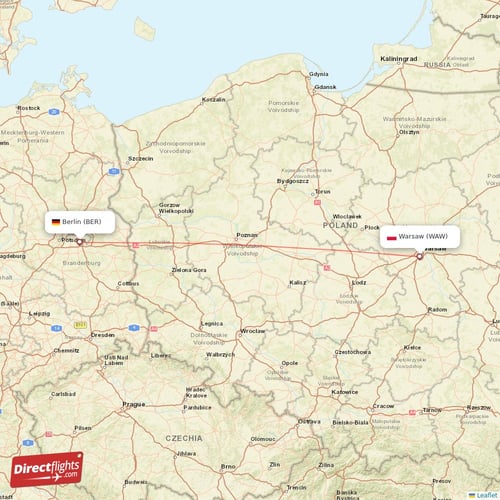 Berlin - Warsaw direct flight map