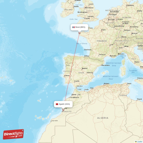 Brest - Agadir direct flight map