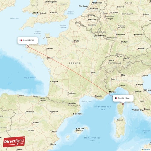 Brest - Bastia direct flight map