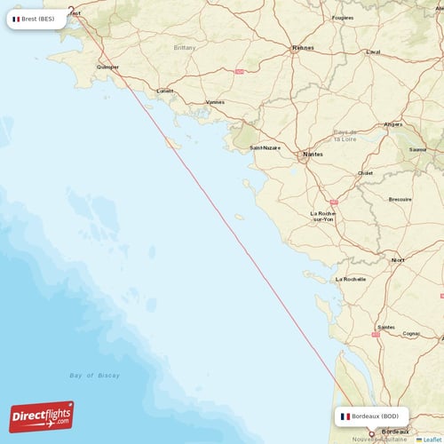 Brest - Bordeaux direct flight map