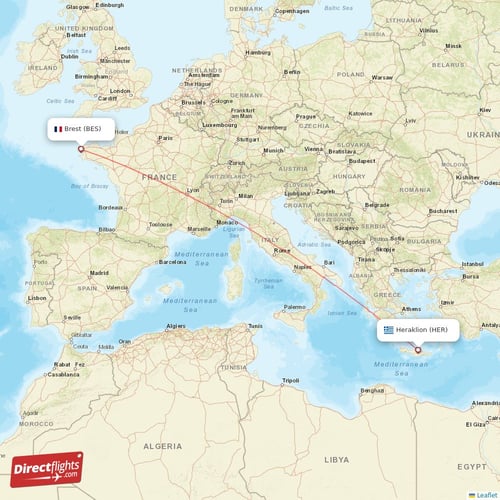 Brest - Heraklion direct flight map