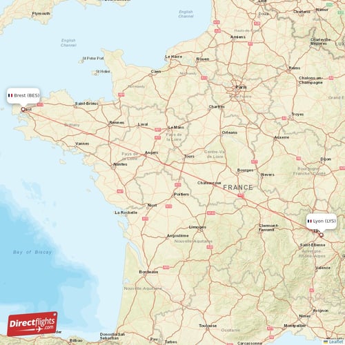 Brest - Lyon direct flight map