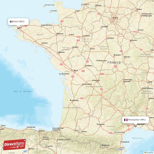 Brest - Montpellier direct flight map