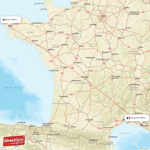 Brest - Marseille direct flight map