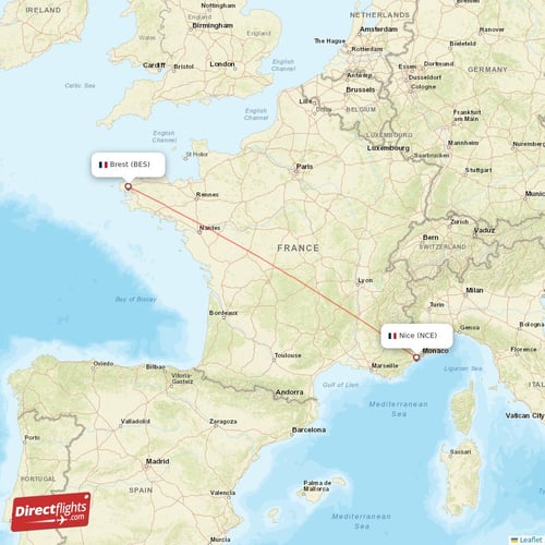 Brest - Nice direct flight map