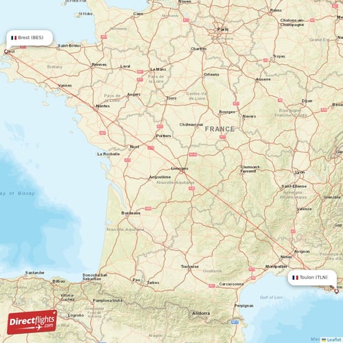 Brest - Toulon direct flight map
