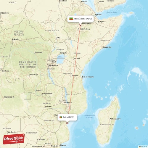 Beira - Addis Ababa direct flight map