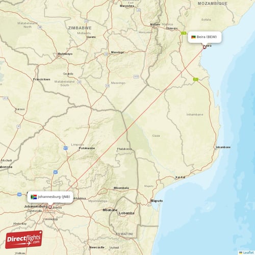 Beira - Johannesburg direct flight map
