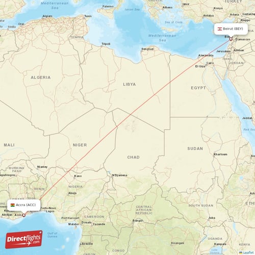 Beirut - Accra direct flight map