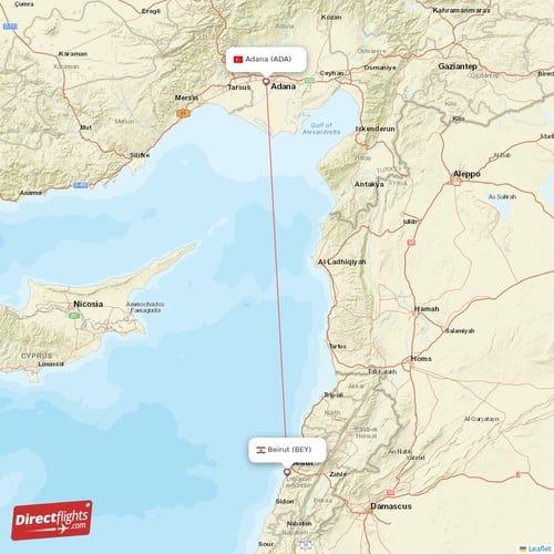 Beirut - Adana direct flight map