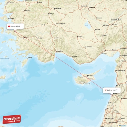 Beirut - Izmir direct flight map