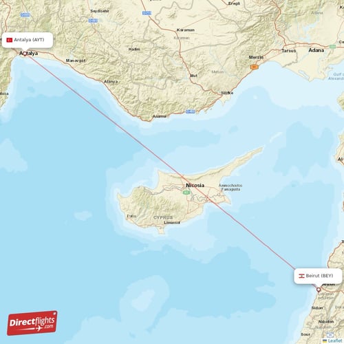 Beirut - Antalya direct flight map