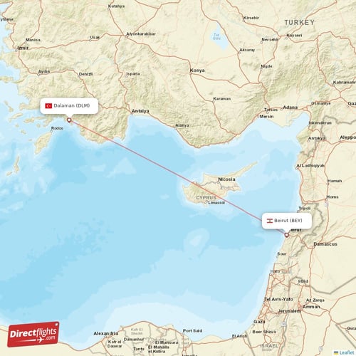 Beirut - Dalaman direct flight map