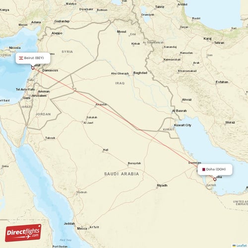 Beirut - Doha direct flight map