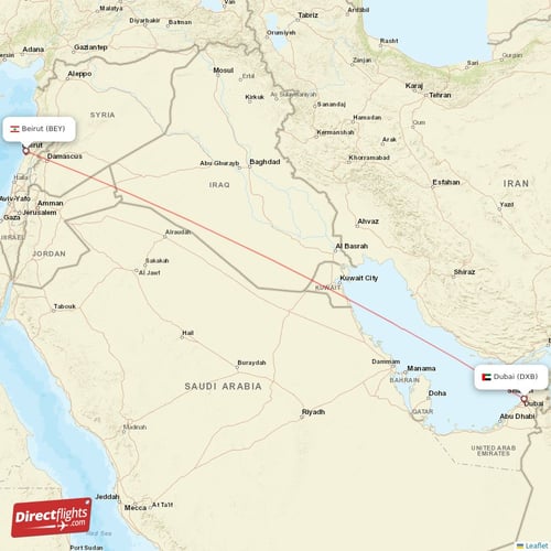 Beirut - Dubai direct flight map