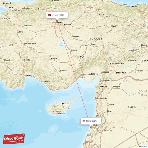 Beirut - Ankara direct flight map