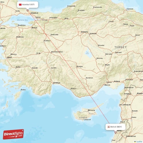 Beirut - Istanbul direct flight map