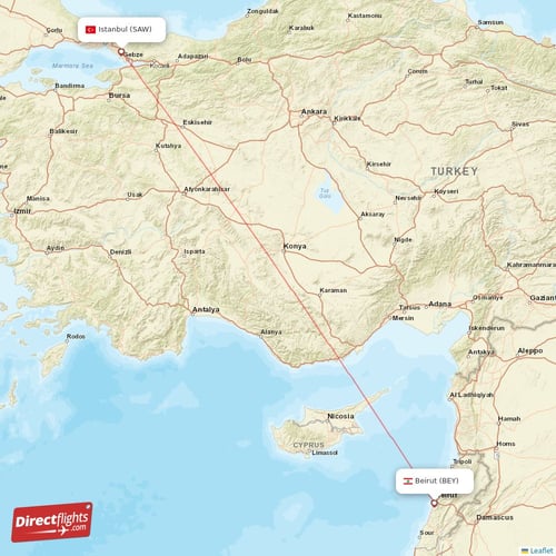 Beirut - Istanbul direct flight map