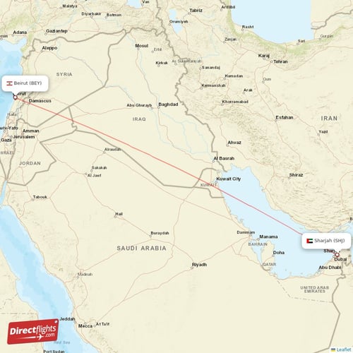 Beirut - Sharjah direct flight map