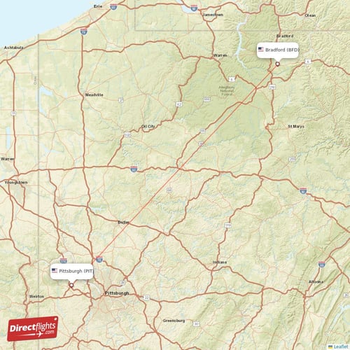 Bradford - Pittsburgh direct flight map