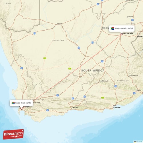 Bloemfontein - Cape Town direct flight map