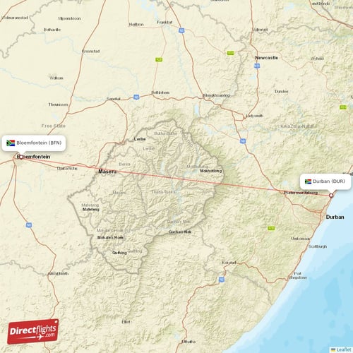 Bloemfontein - Durban direct flight map