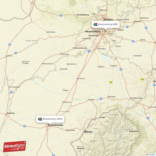Bloemfontein - Johannesburg direct flight map