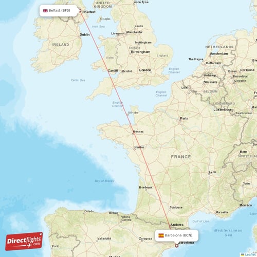 Belfast - Barcelona direct flight map