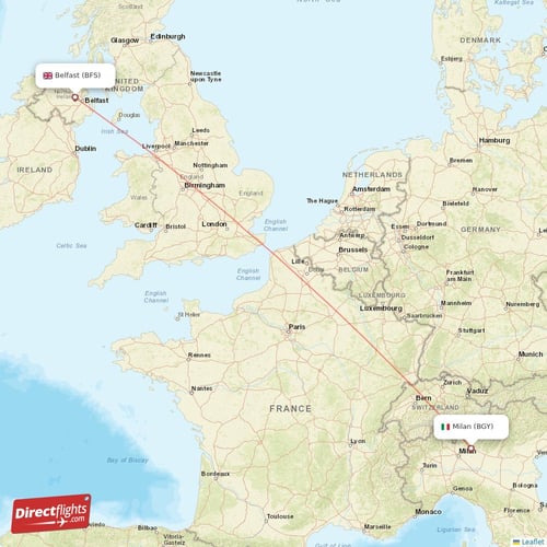 Belfast - Milan direct flight map
