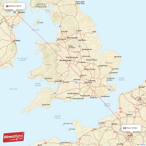 Belfast - Paris direct flight map