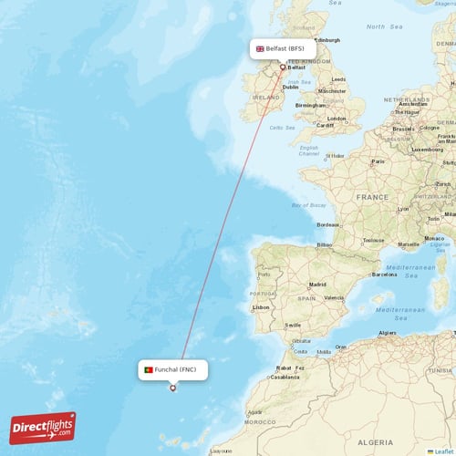 Belfast - Funchal direct flight map