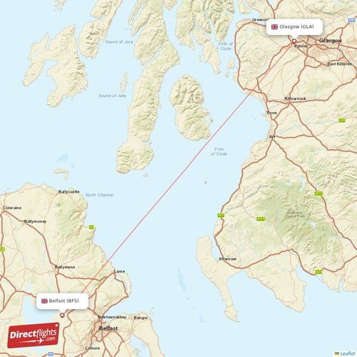Belfast - Glasgow direct flight map