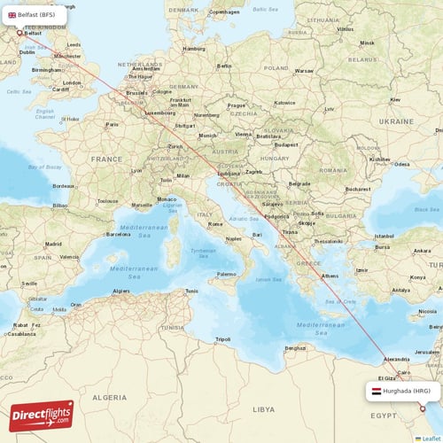 Belfast - Hurghada direct flight map