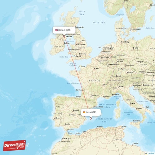 Belfast - Ibiza direct flight map