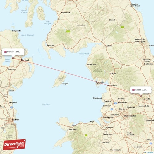 Belfast - Leeds direct flight map