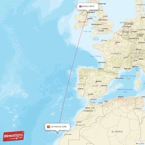 Belfast - Las Palmas direct flight map