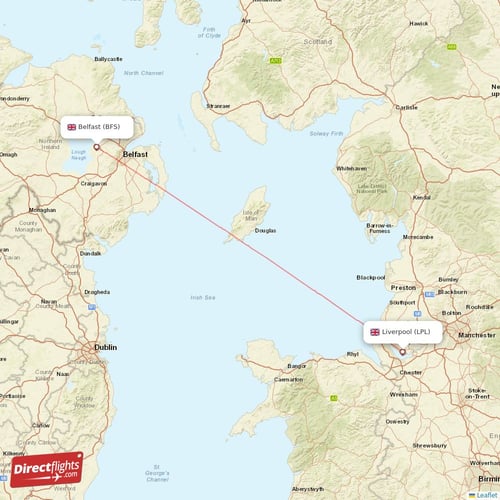 Belfast - Liverpool direct flight map
