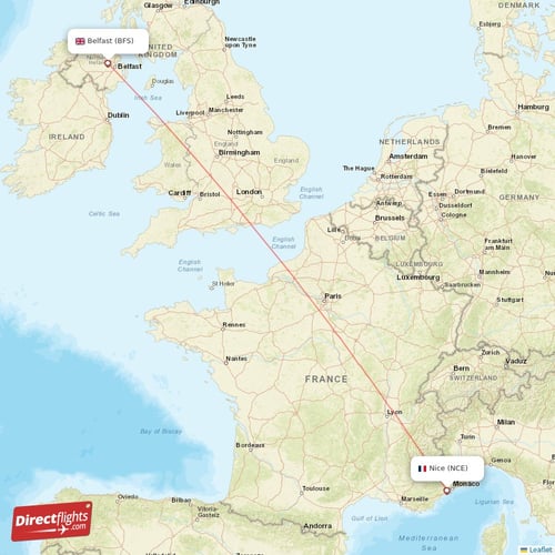 Belfast - Nice direct flight map