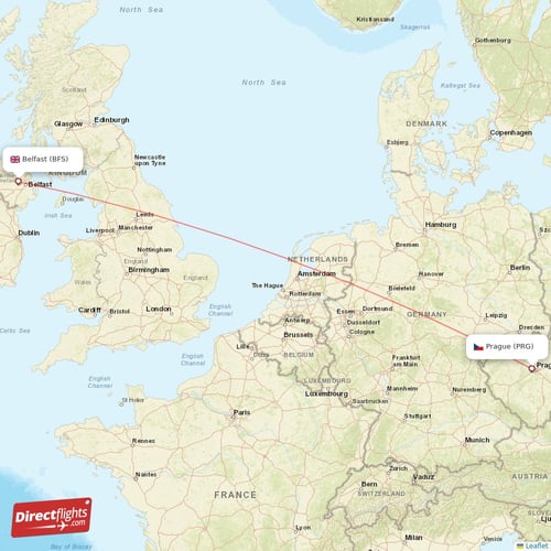 Belfast - Prague direct flight map