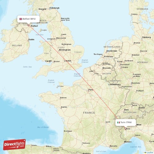 Belfast - Turin direct flight map