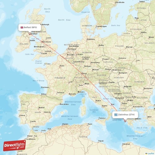 Belfast - Zakinthos direct flight map